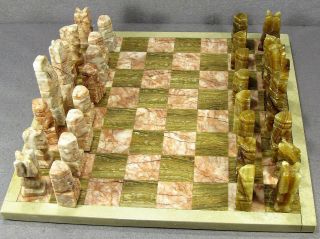 Vintage Marble Chess Set Mexican Aztec/mayan Stone Quartz Hand Carved 32 Piece