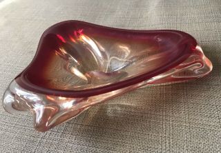 Vintage Murano Art Large Glass Ash Tray Dish Bowl Red Glass Italian Mid Century
