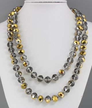 Vintage 70’s Long Gray & Gold Tone Aurora Borealis Crystal Glass Bead Necklace