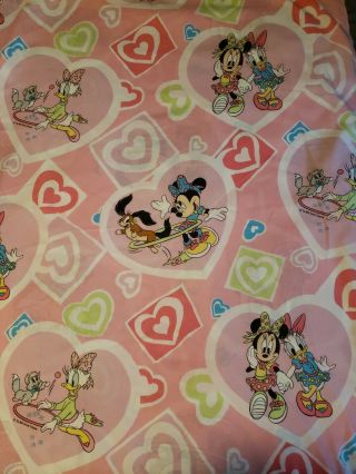 Vintage Disney Minnie Mouse & Daisy Friends Pink Hearts Twin Flat Sheet