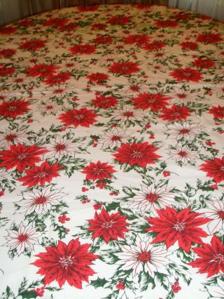 Vintage Christmas Tablecloth 58 " X 50 " Poinsettias Berries Holly