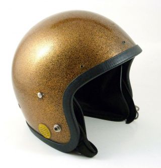 Vintage Lsi 4150 Motorcycle Helmet Gold Metalflake Leather Size Medium 1966