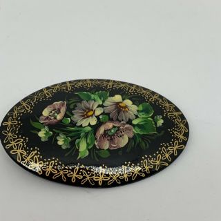 Vtg Russian Pin Lacquer Pin Floral Hand Painted Paper Mache 1996 Brooch