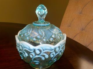 Fenton Vintage Blue Opalescent Covered Candy Dish. .  Wow