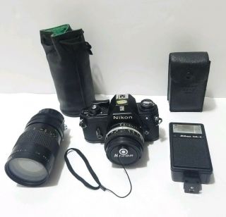 Vintage Nikon Em Camera 35mm Film W/ 50mm E Series Lense Flash 62mm Lense