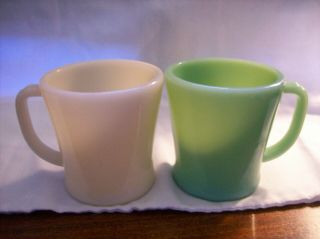 Vintage Anchor Hocking Fire King White Milk & Greenglass D - Handle Coffee Mugs