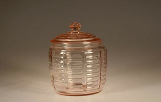 Vintage Deco Depression Era Pink Glass Ribbed Pattern Cookie Jar C.  1930