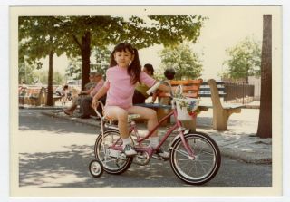Vintage Photo Smirking Girl Pink Tricycle Park Found Art 1970 