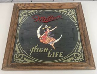 Miller High Life Lady On Moon Beer Mirror Bar Wood Sign 1979 Vintage 19 " X19 "