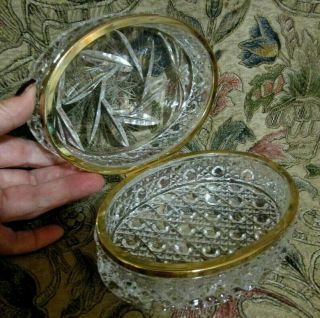 Vintage Cut Crystal Glass Jewelry Box With Brass Hardware & Hinged Lid 2 1/2 Lbs