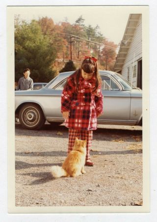 Vintage Photo Girl Tabby Cat Winter Coat Classic Car Found Art 1970 