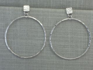 Vintage Estate Hammered Sterling Silver Unusual Huge Hoop Dangle Earrings Modern