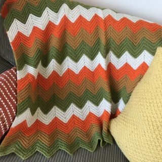 Vtg Afghan Crochet Blanket Chevron Zig Zag Fall Colors Orange Green White 70s