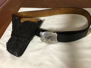 Adult Vintage Black Leather Gun Holster,  Belt & Western Buckle Fits To 38 " Waist