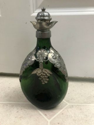 Vintage Green Glass Pinched Decanter Liquor Bottle Pewter Overlay Grapes Danish