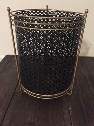 Vintage Mid Century Retro Geometric Metal Waste Basket Trash Can Black Gold 2 Pc