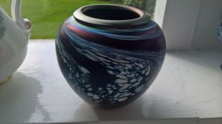 Vintage Iridescent Glass Cobalt Blue And White Vase Isle Of Wight/royal Brierley