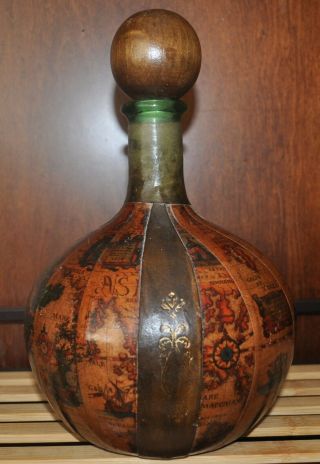 Vintage Globe Liquor Decanter Old World Map Made In Italy Leather Paper Wrapped
