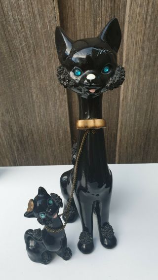 Vintage Ceramic Kreiss Co Cats Chain Black Rhinestone Eyes Kitsch 50s Japan Usa