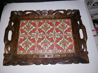 Vintage 1950s Mexican Tile And Hand Carved Wood Serving Tray 18 " X 13 "