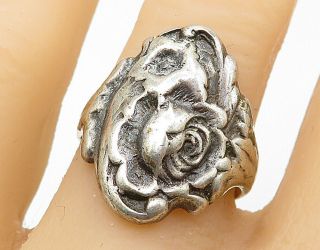 925 Sterling Silver - Vintage Carved Rose Flower Motif Band Ring Sz 9 - R7865