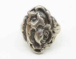925 Sterling Silver - Vintage Carved Rose Flower Motif Band Ring Sz 9 - R7865 2