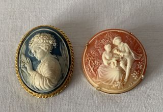 Vintage Pair Faux Cameo Shell Costume Jewellery Brooches Inc Exquisite Brand