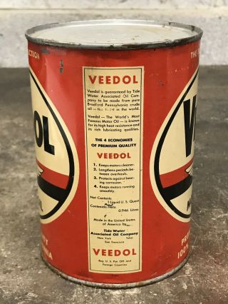 Vintage VEEDOL Premium Motor Oil Quart Can Gas Oil Pennsylvania PA FULL 2