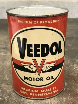Vintage VEEDOL Premium Motor Oil Quart Can Gas Oil Pennsylvania PA FULL 3