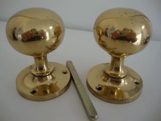 One Vintage Round Solid Brass Door Knobs With Back Plates - Lacquered