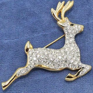 2 3/8 " Vtg Signed Swarovski Swan Crystal Glass Deer Brooch Pin De42