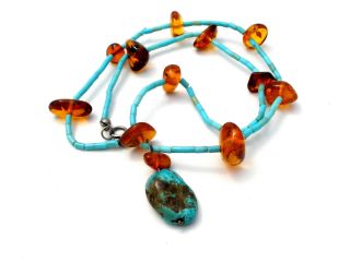 Amber & Turquoise Blue Bead Pendant Necklace Sterling Silver Vintage Boho 925