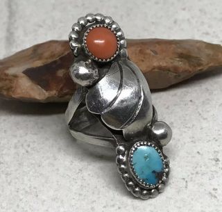 Vintage Old Pawn Navajo Sterling Silver Turquoise Coral Long Ring (sz 5.  5)