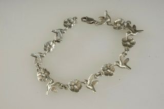 Vintage Sterling Silver.  925 Bracelet With Hummingbirds & Flowers 7.  75 " Mexico