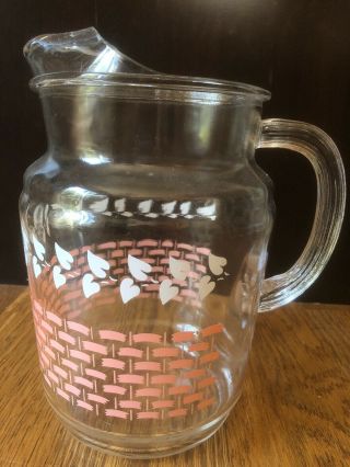 Vintage Anchor Hocking Glass Pitcher With Ice Lip Pink White 9 " Mid Century