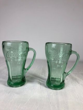 Set Of 2 Vintage Green Coca Cola Heavy Glass Mugs With Handle