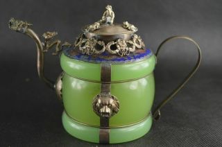 Collectiblen Vintage China Old Tibetan Silver Dragon Cloisonne Inlay Jade Teapot