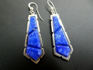Vintage Art Deco Style Blue Lapis Lazuli Gemstone Sterling Drop Dangle Earrings