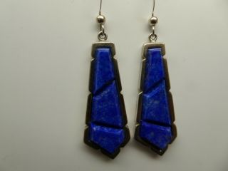 Vintage Art Deco Style Blue Lapis Lazuli Gemstone Sterling Drop Dangle Earrings 3