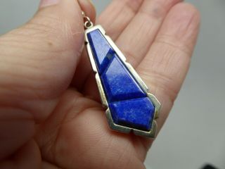 Vintage Art Deco Style Blue Lapis Lazuli Gemstone Sterling Drop Dangle Earrings 4