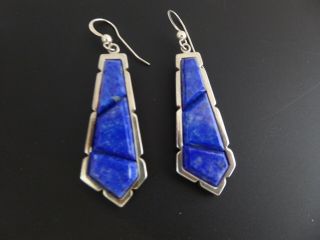 Vintage Art Deco Style Blue Lapis Lazuli Gemstone Sterling Drop Dangle Earrings 5