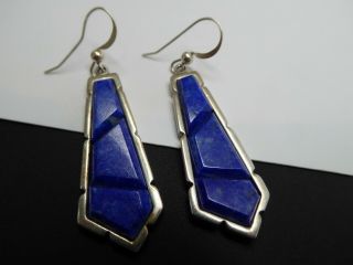 Vintage Art Deco Style Blue Lapis Lazuli Gemstone Sterling Drop Dangle Earrings 6