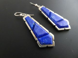 Vintage Art Deco Style Blue Lapis Lazuli Gemstone Sterling Drop Dangle Earrings 7