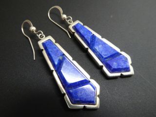 Vintage Art Deco Style Blue Lapis Lazuli Gemstone Sterling Drop Dangle Earrings 8