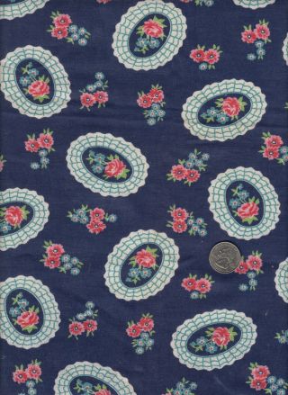 Vintage Feedsack Navy Pink White Floral Feed Sack Quilt Sewing Fabric
