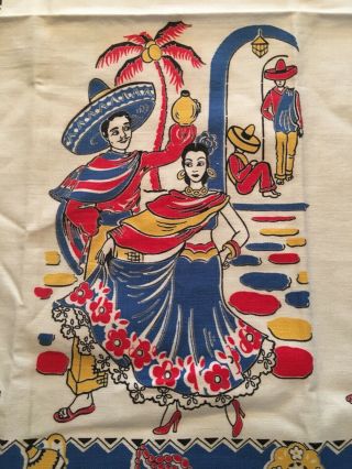 Vintage 1950’s Mexican South Of The Border Dish Towel,  Bold Fiesta Colors