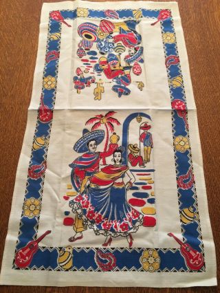 Vintage 1950’s Mexican South of the Border Dish Towel,  Bold Fiesta Colors 2