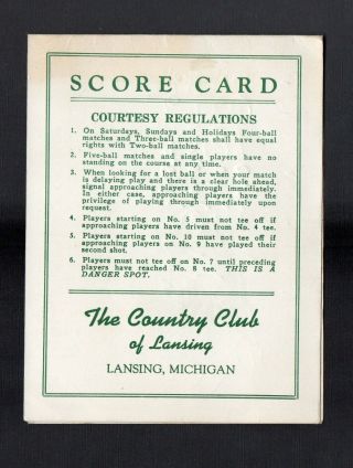 Vintage Stymie Scorecard The Country Club Of Lansing,  Michigan Founded 1908