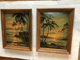 2 Vintage Tiki Hawaiian Paint Bu Numbers Framed Pictures 12 " X16 " Palm Trees Hut