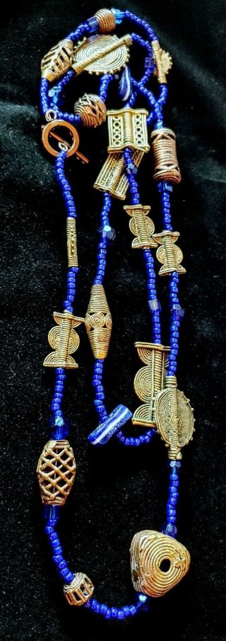 Vintage African Tribal Beaded Necklace - Benin Bronze Beads - Blue Glass Trade.